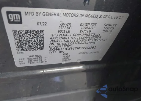 2022 Chevrolet Blazer Fwd 2Lt из США, поврежденный, VIN 03GNKBCR47NS22926